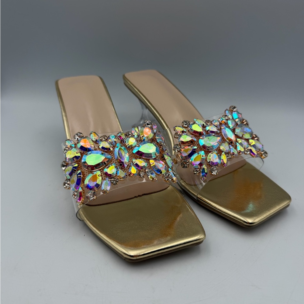 Gold Rhinestone Crystal Slide Sandals Clear Heel EU 43 New